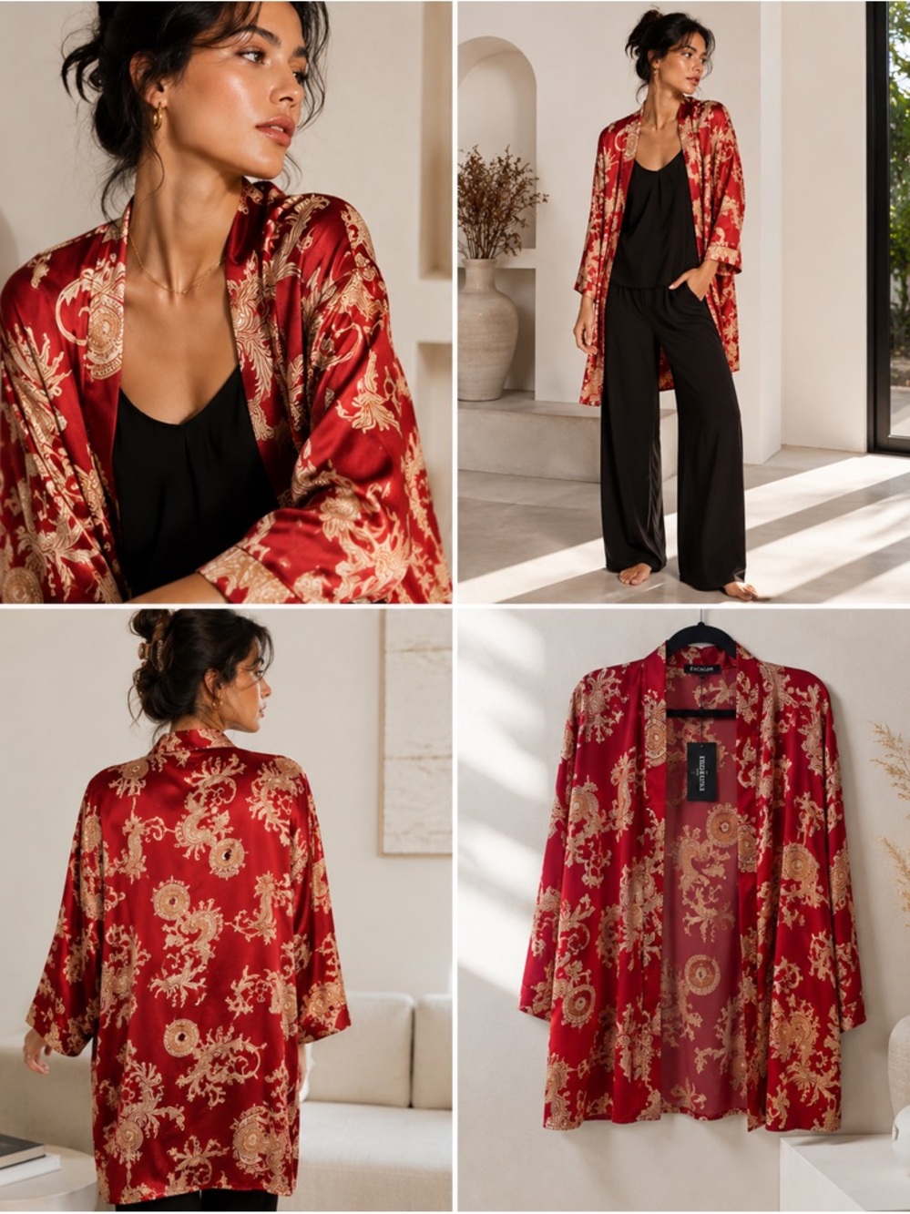 Escalier Red & Gold Dragon Satin Kimono Jacket – Size Medium